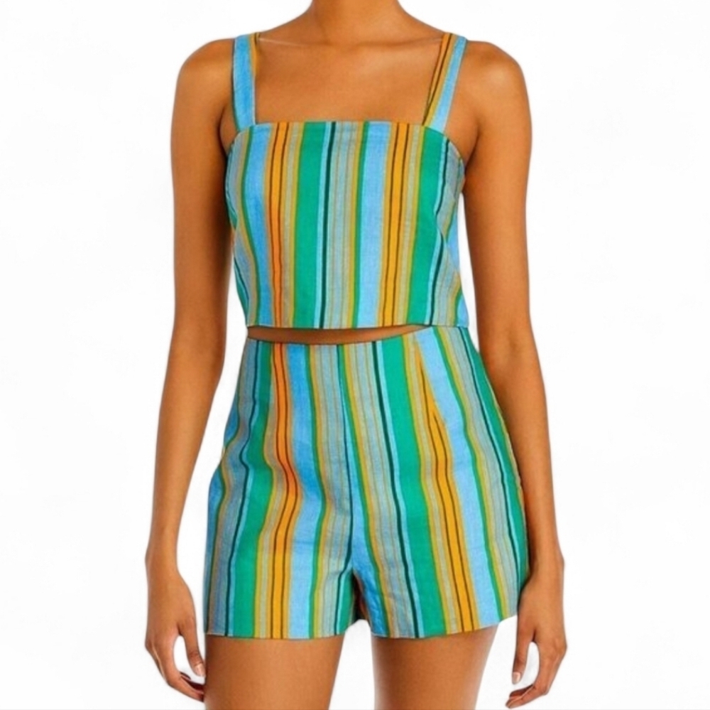 Staud Oscar Striped Linen Shorts Blue Orange Ibiza Stripe Size 16 NWT